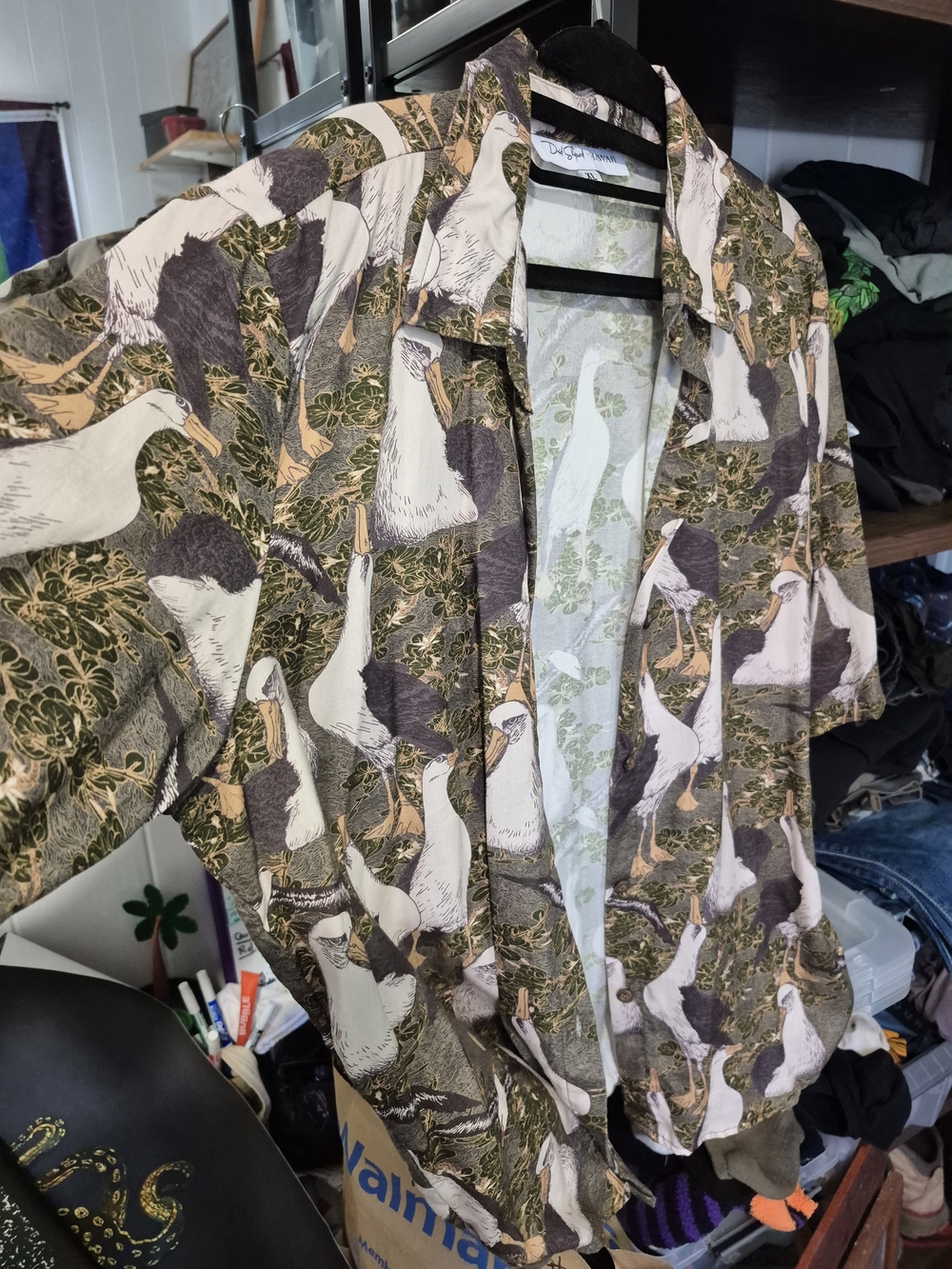 Womens Olive Green Printed Button-Up Jacket with Bird Motif